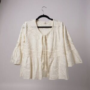 White Eyelet Tassel Tie V Neck Bell Sleeve Peasant‎ Top Blouse Women's Small